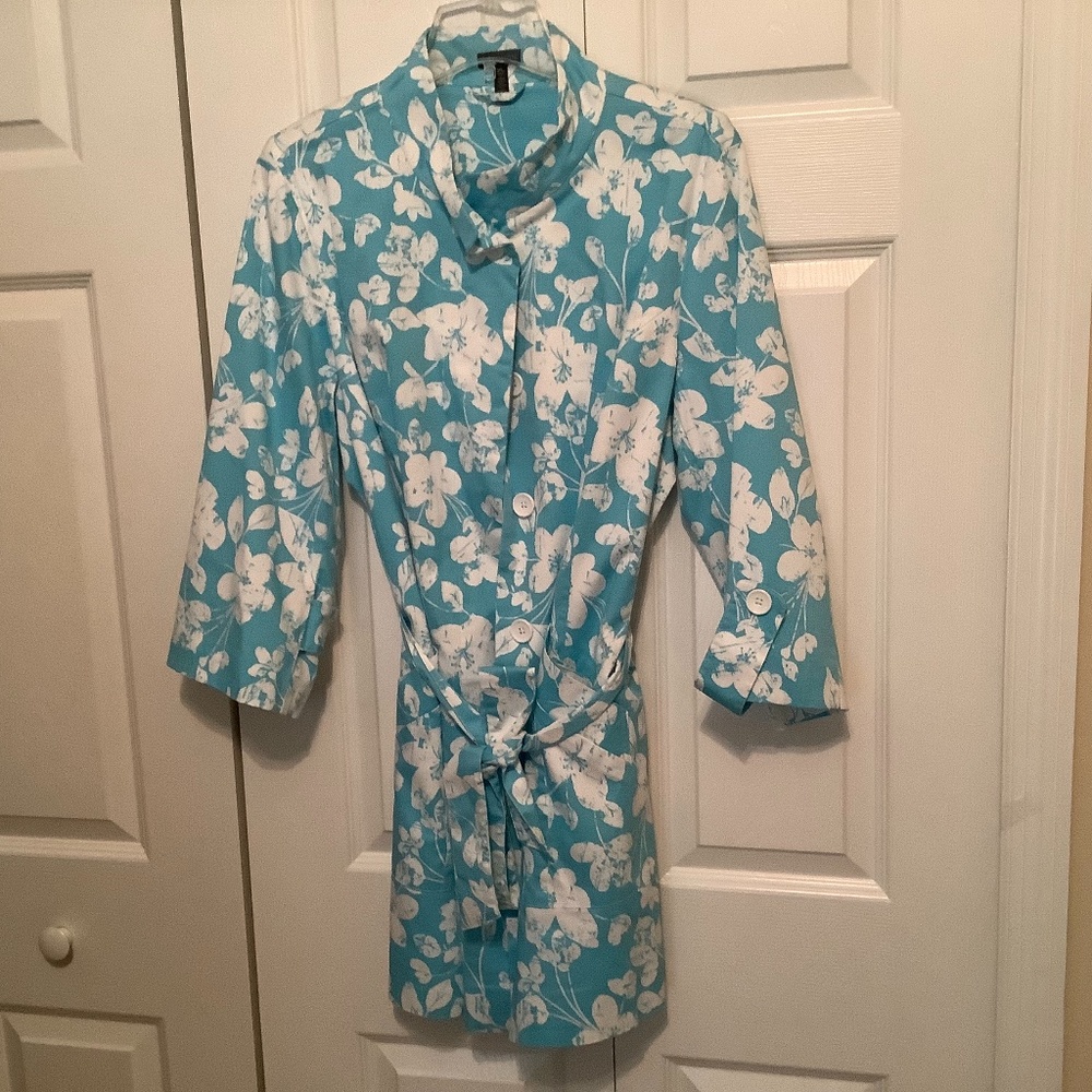 Madison Lightweight Lined Casual Coat, Belted, Size XL, Blue and White